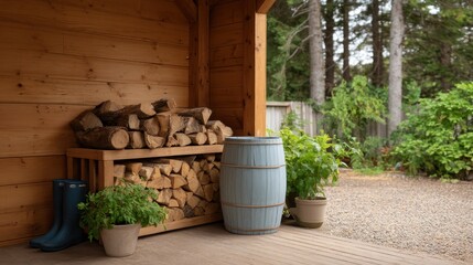 Fototapeta premium Neatly Stacked Firewood and Rain Barrel Under a Porch Beside Lush Greenery in a Cozy Setting