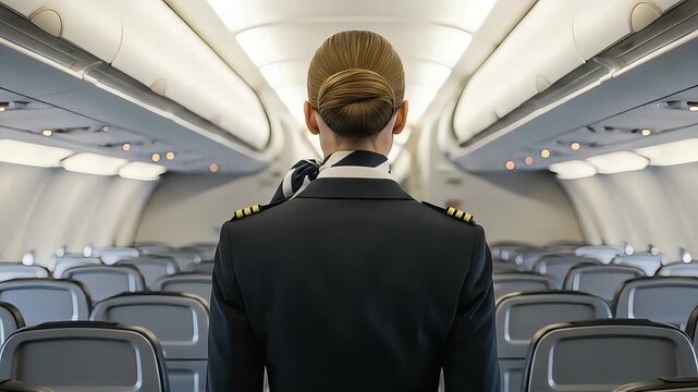 Rear view of a flight attendant in uniform, standing in an airplane aisle, facing forward.
