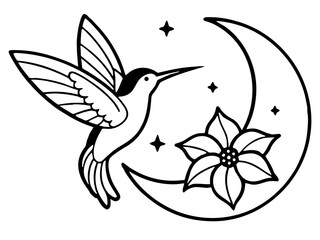 Hummingbird flying near moon and flower silhouette isolated on white background