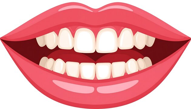 A cartoon illustration of wide open, smiling lips revealing white teeth