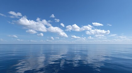 Fototapeta premium Serene Reflections of Sky and Clouds in Calm Ocean Waters Under Bright Blue Atmosphere