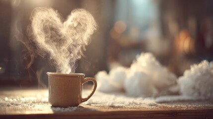 Steaming hot coffee in a rustic cup shows a heart shape in the vapor, creating a warm, inviting scene perfect for a cozy gathering.