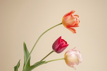 Three tulips of varying colors and stages of bloom elegantly arranged against a muted beige backdrop.  The stems and leaves are visible, suggesting a fresh cut arrangement