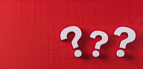 Three white question marks on a red background, casting subtle shadows, arranged in a slightly staggered line.  The image suggests uncertainty or inquiry