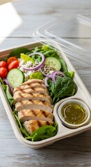 A plastic container filled with a salad of grilled chicken, mixed greens, cherry tomatoes, cucumbers, red onions, and a side of dressing, all placed on a white wooden table with a wooden background.