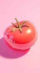 Tomato-shaped inflatable pool float on pink background. Summer fun concept