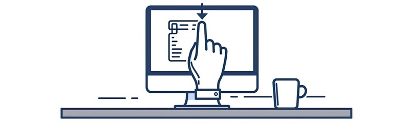 Touch Screen Scroll at Desk, Mug Nearby. Interface, App, Menu, Web concept