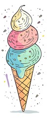 Triple Scoop Cone Drip, Illustration, Isolated. Confection background, summer concept