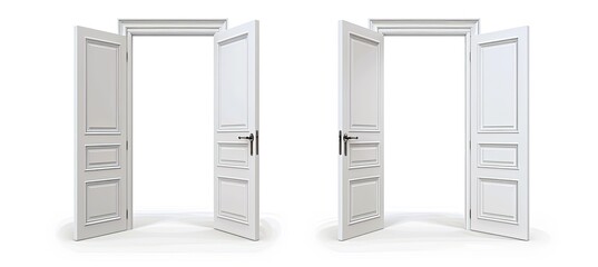 Two open white doors on white background show new opportunities, concepts