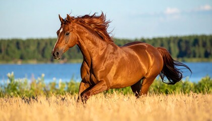 Fototapeta premium A chestnut horse gallops freely through a golden field