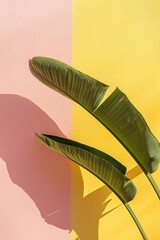Two tropical leaves cast shadows against a split pastel background of pink and yellow.  The leaves are positioned diagonally