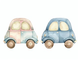Two watercolor cars. Isolated for design. Minimal background. Childish illustration