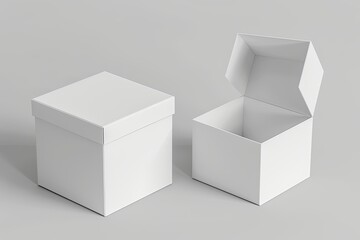 Two white square boxes. One open, one closed. Mockup for a gift or product