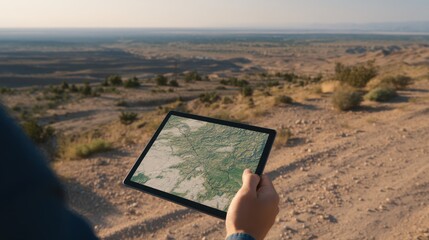 Satellite Map Overlay Displayed on Digital Tablet in Outdoor Landscape Setting