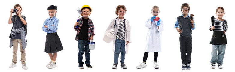 Choice of profession. Cute children in different clothes representing various occupations. Collage of portraits on white background