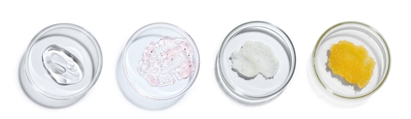 Petri dishes with cosmetic products on white background, top view
