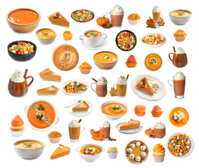 Different dishes, desserts and drinks made with pumpkin. Collection on white background