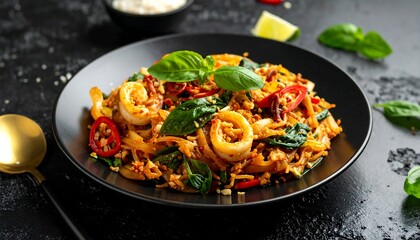 A close-up shot of delicious stir-fried noodles served on a black plate