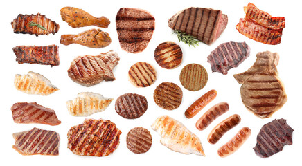 Grilled meat and sausages isolated on white, set
