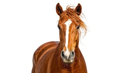 Obraz premium A close-up portrait of a brown horse with a white blaze, looking forward