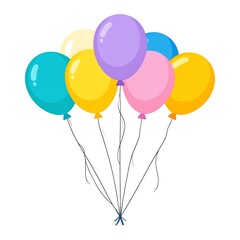 A cluster of colorful, cartoon-style helium balloons on a white backdrop