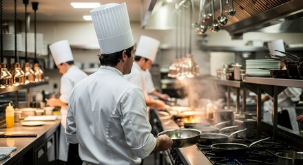 Chefs working in a busy restaurant kitchen, preparing food with focus and precision.