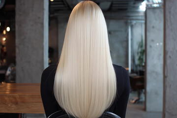 Long sleek blonde hair transformation in modern luxury salon setting showcasing vibrant styling and fresh color trends during a beauty session