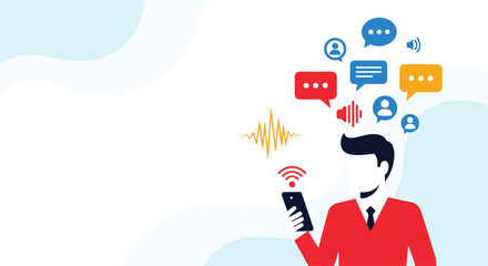 Modern business communication with a stylish design showcasing mobile technology and engagement through vibrant chat bubbles and audio waveforms online