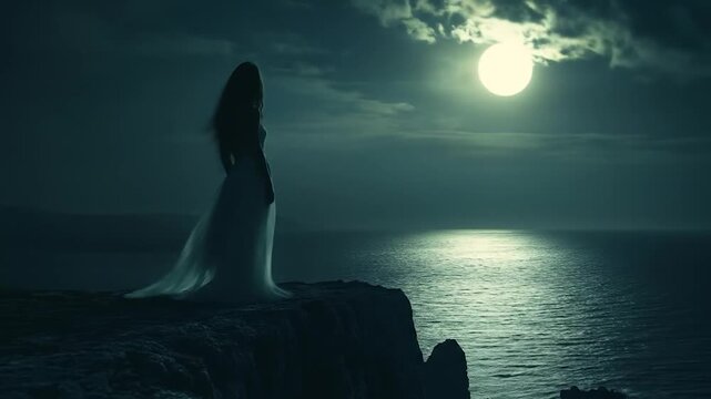 Solitary figure in flowing white gown gazes at moonlit ocean from cliff
