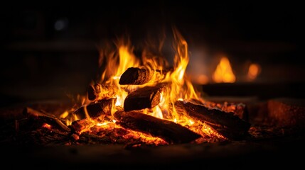 Warm light from a fierce campfire illuminates the dark surroundings as flames dance above the stacked logs during an evening gathering.