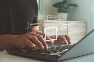 Person typing on a laptop with AI and chat bubbles visualized as digital icons, symbolizing communication, artificial intelligence and data processing in the tech world.
