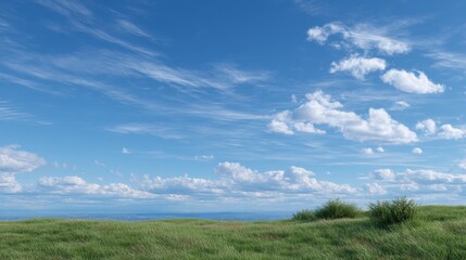 Serene Landscape with Gentle Hills and Dramatic Cloudy Sky under Bright Blue Horizon Line