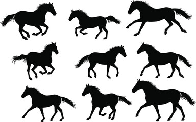 Horse Silhouette Vector Set Showing Dynamic Running and Trotting Poses for Equine Motion Study, Animation, Art, and Design Reference