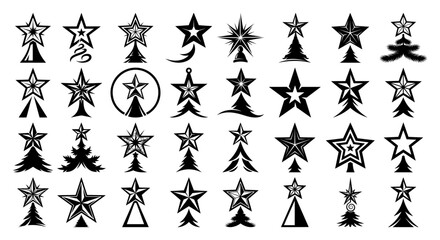 Fototapeta premium Big set of vector Christmas stars icons. Collection of black decorative star shapes sparkles and tree toppers illustration.