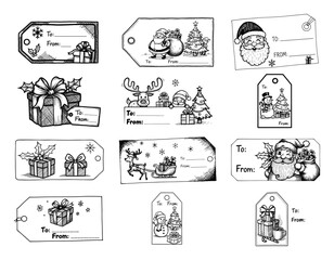Set of hand drawn Christmas gift tags. Vector sketch collection of vintage festive labels with Santa reindeer snowman and presents.