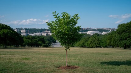 Single Sapling Growing in Wide Empty Park Under Clear Blue Sky with View of the City