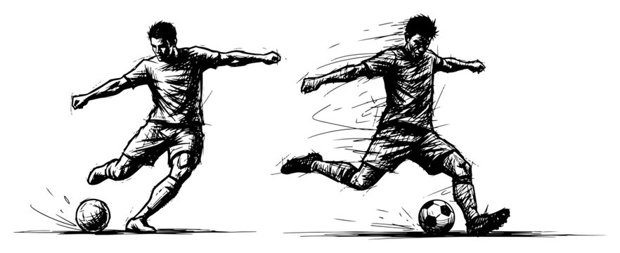 Hand-drawn soccer player kicking a ball vector illustration set. Dynamic football sketch style isolated on white background. Action sport doodle.