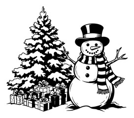 Vintage snowman and Christmas tree vector illustration. Hand-drawn winter scene with a snowman presents and a fir tree. Retro holiday sketch.