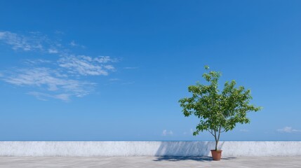 Isolated Young Tree on Rooftop Space Under Clear Blue Sky in Urban Environment