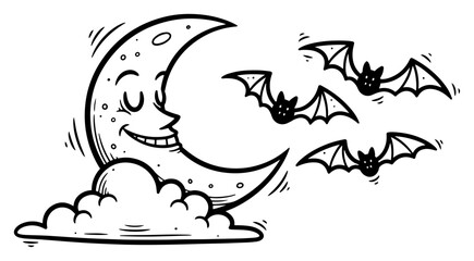 Hand-drawn Halloween moon and bats vector illustration. Spooky night scene with a cartoon crescent moon character. Vintage sketch style.
