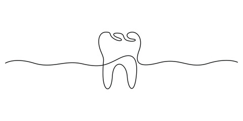 Tooth icon in one continuous line drawing style. Single line art tooth icon. One line drawing human tooth. Graphic illustration