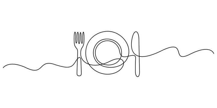 Continuous one line drawing of plate, spoon and fork minimal outline vector illustration