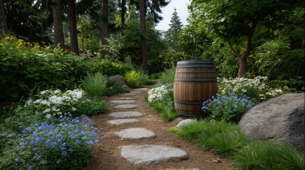 Serene Garden Path with Flowering Plants and Wooden Barrel Surrounded by Lush Greenery