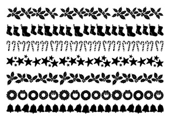 Obraz premium Christmas Seamless Border Pack – Holly Stockings Candy Cane Star Wreath and Bell Repeat Dividers Vector
