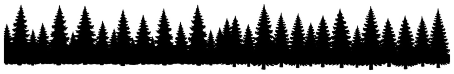 Obraz premium Seamless forest silhouette border. Pine tree landscape background. Black vector illustration of fir woods. Winter or Christmas nature panorama for decorative divider or frame design.