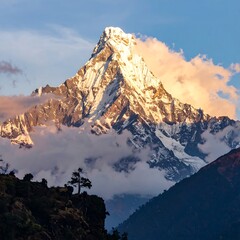 Snow-capped peak rises above the clouds at dawn