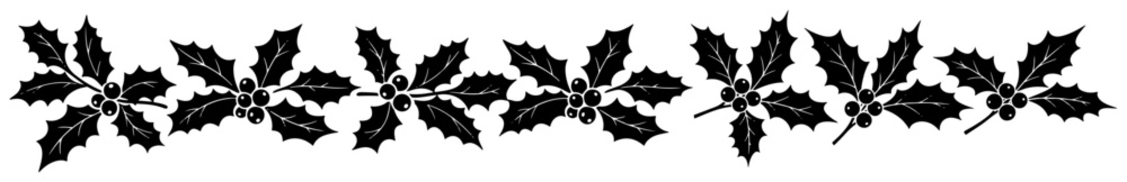 Seamless holly border with berries. Christmas garland vector illustration. Black silhouette of festive winter plant. Traditional holiday decoration element decorative divider or frame design.