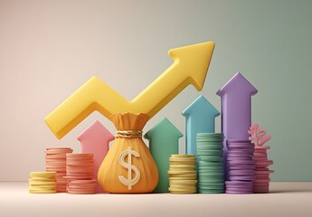 Financial Success Concept: Stacked Coins with Upward Arrows, Money Bag, and Dollar Sign Depicting Prosperity, Investment Returns, and Economic Growth in Elegant Design
