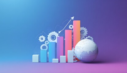 Global Business Growth: Dynamic Bar Graph with Rising Arrow, Gear Mechanism, and Earth Globe in Pastel Tones Illustrating International Economic Development And Progress
