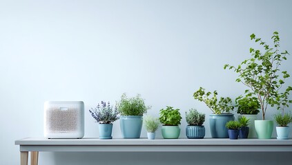 Indoor Oasis: Serene Home Interior Featuring Potted Plants and Air Purifier on a Sleek Table Against a Minimalist Wall, Promoting Wellness and Tranquility